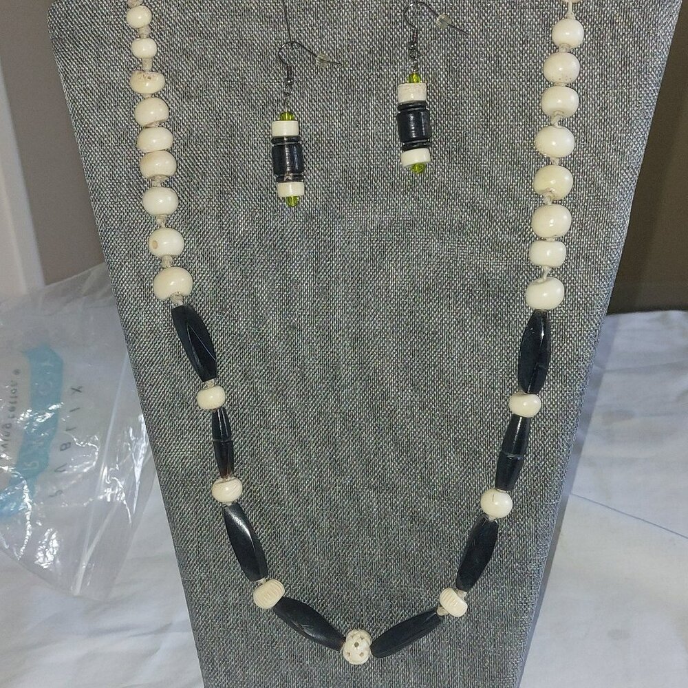 27" Necklace and earring set of bone and antler beads